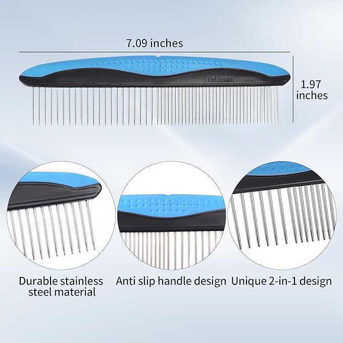 Pet Comb for Dogs and Cats - 2-in-1 Design with Wide & Narrow Teeth, Stainless Steel Round Ends for Safe Detangling, Non-Slip Handle, Removes Knots, Mats, Tangles, and Loose Fur