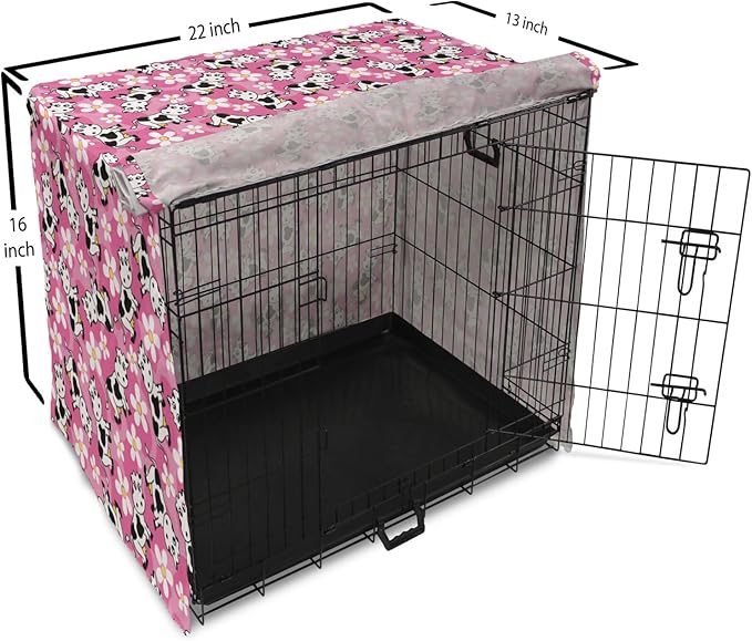 Lunarable Cow Dog Crate Cover, Cartoon Pattern Domestic Farm Animal and Daisy Flowers, Easy to Use Pet Kennel Cover for Small Dogs Puppies Kittens, 22 Inch, Pink Charcoal Grey