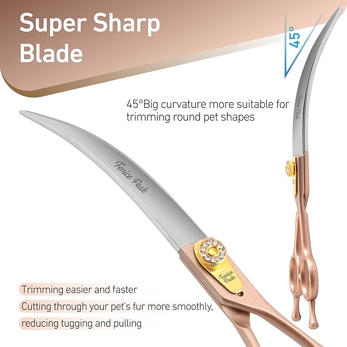 Fenice Peak 45° Extra Curved Dog Grooming Scissors 440C Stainless Steel 7.5'' Big Arc Curved Shears Rose Gold Sharp and Durable Trimming Scissors for Dogs and Cats