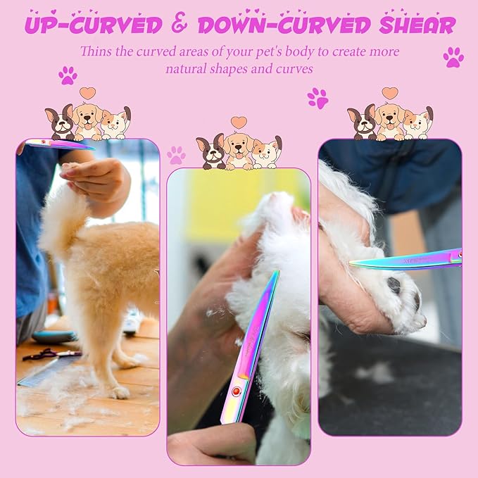 7 Inch Professional Pet Grooming Scissors Set, Curved Straight Dog Scissors, Thinning Shears, 8 in 1 Kit with Comb, Silver, Stainless Steel