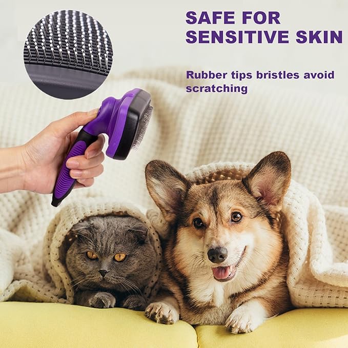 YINGFAN Self Cleaning Slicker Brush for Dogs, Skin Friendly Dog Brush for Shedding, Deshedding Dog Brush for Long Haired and Short Haired Dogs (Purple)