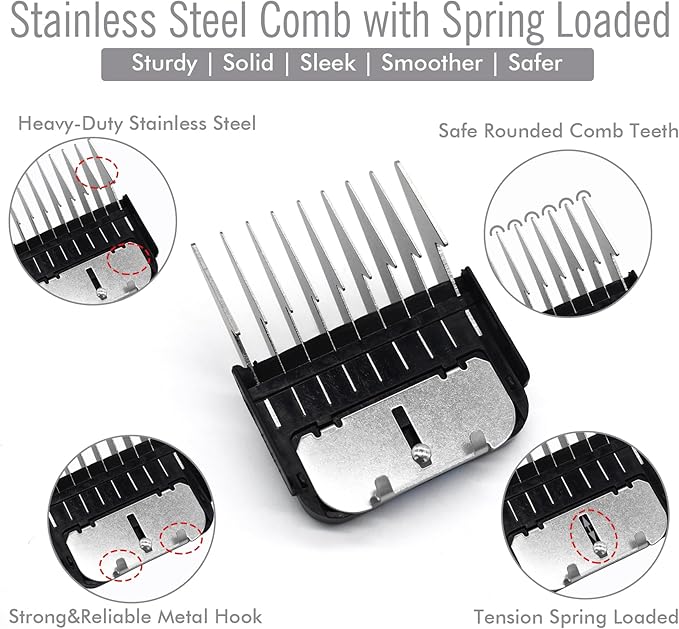 Professional A5 Style Animal Clipper Stainless Steel Color-Coded Snap-on Attachment Guard Guide Comb, 1/8"-1" Compatible with Wahl KM Series Oster A5 Andis Detachable Blade Pet Groomers (#3 - 3/8")