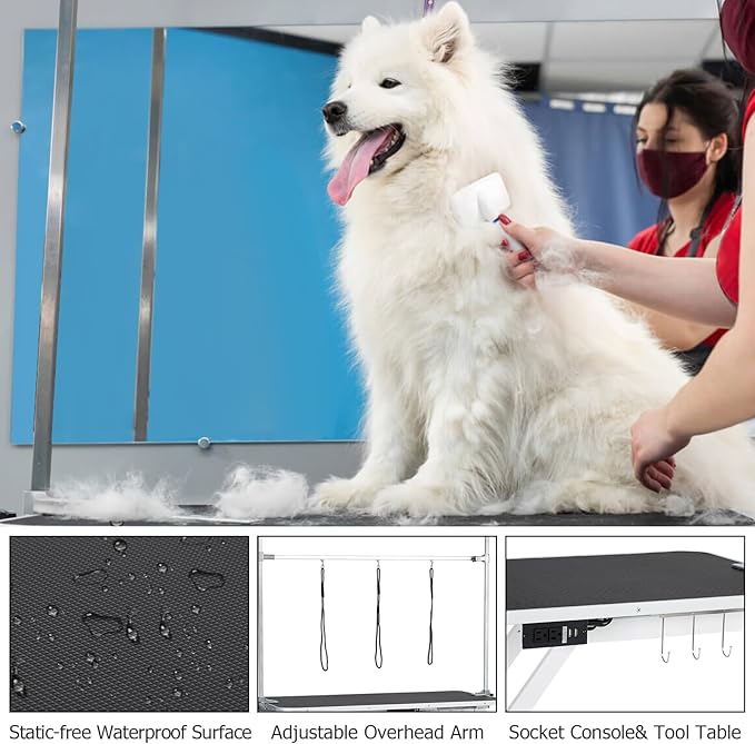 Upgraded Electric Dog Grooming Table - Heavy Duty, Height Adjustable (9.4"-39.4") Pet Grooming Table w/Leveling Wheels, X Lift, Anti Slip Tabletop & Tool Organizer/Dog Grooming Station, 47"/White