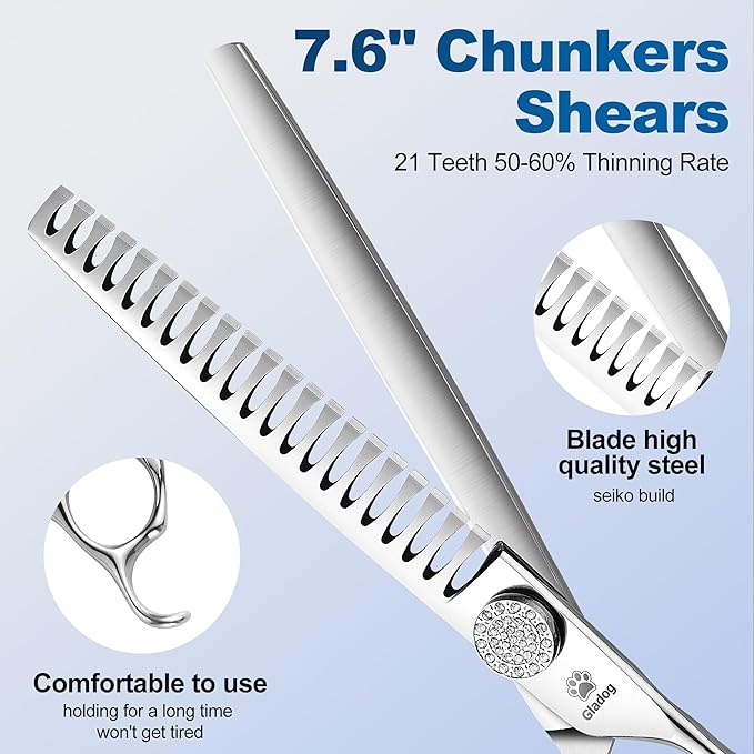 GLADOG Luxury Dog Grooming Scissors Set - 7" Straight, 6.5" Thinning, 7" Chunkers, 7" Curved Dog Shears for Grooming - 9CR Steel, Professional Grooming Kit, Pet Grooming Scissors for Dog and Cats