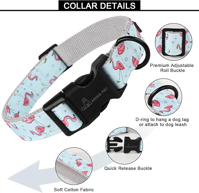 ARING PET Flamingo Dog Collar-Cute Summer Small Dog Collars, Adjustable Lightweight Cotton Pet Collars for Small Medium Large Boy and Girl Dogs, Medium