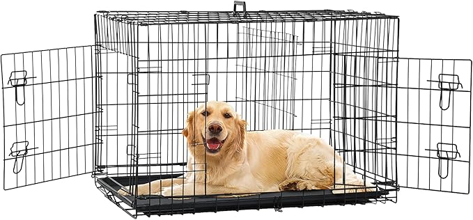 24/7 Shop at Home Gossamer Metal Double Door Folding Wire Pet Crate with Divider, Removable Tray, and Handle for Outdoor and Indoor Medium Dog, 48-inch, Black