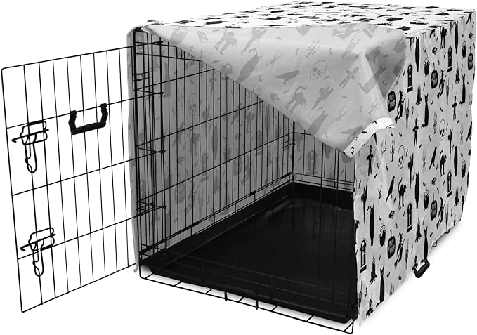 Lunarable Halloween Dog Crate Cover, Horror Pattern Tombstone Kitty Owl Voodoo Trick or Treat Pumpkin, Easy to Use Pet Kennel Cover for Medium Large Dogs, 36 Inch, Grey Black Charcoal
