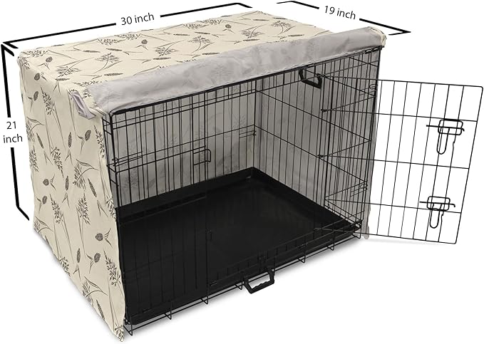 Ambesonne Boho Dog Crate Cover, Botanical Themed Delicate Pastel Pattern with Natural Field Herbs Print, Easy to Use Pet Kennel Cover for Cats & Medium Dogs, 30 Inch, Cream Charcoal