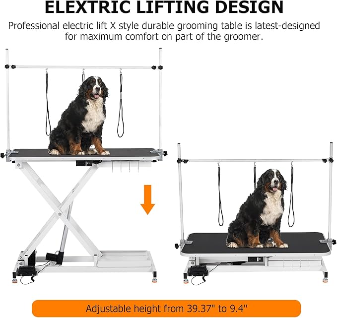 Upgraded Electric Dog Grooming Table - Heavy Duty, Height Adjustable (9.4"-39.4") Pet Grooming Table w/Leveling Wheels, X Lift, Anti Slip Tabletop & Tool Organizer/Dog Grooming Station, 47"/White