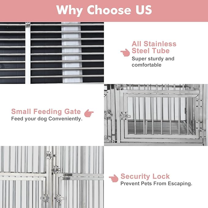 48 Inch Heavy Duty Indestructible Dog Crate, Stainless Steel Dog Cage Kennel with Lockable Wheels, High Anxiety Dog Crate with Double Door, Extra Large Crate Indoor for Large Dogs with Removable Tray