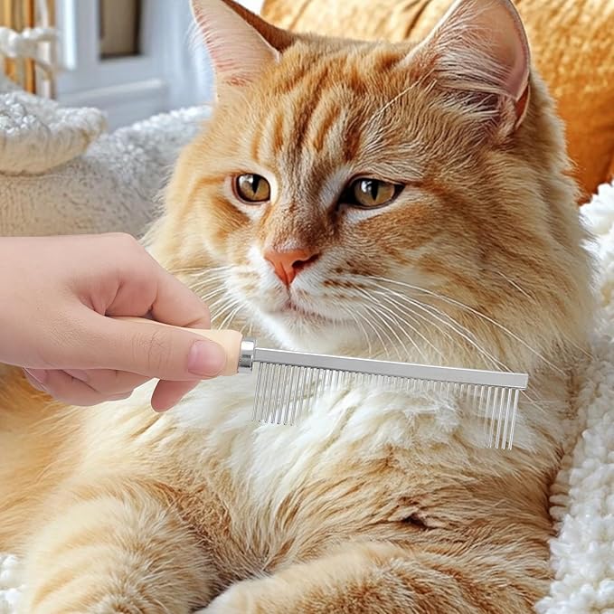 Pet Comb - Stainless Steel Teeth and Wooden Handle - Detangling and Smoothing Tool for Long and Short Hair Dogs and Cats
