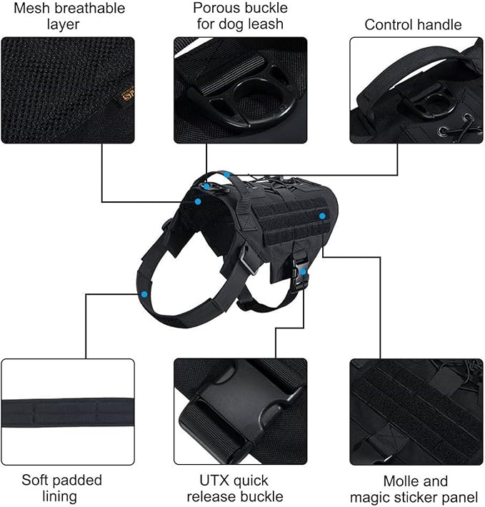 EXCELLENT ELITE SPANKER Dog Harness Tactical Military Dog Harness Adjustable No-Pull Dog Harness Training Hunting Dog Tactical Vest with Handle(Black-S)