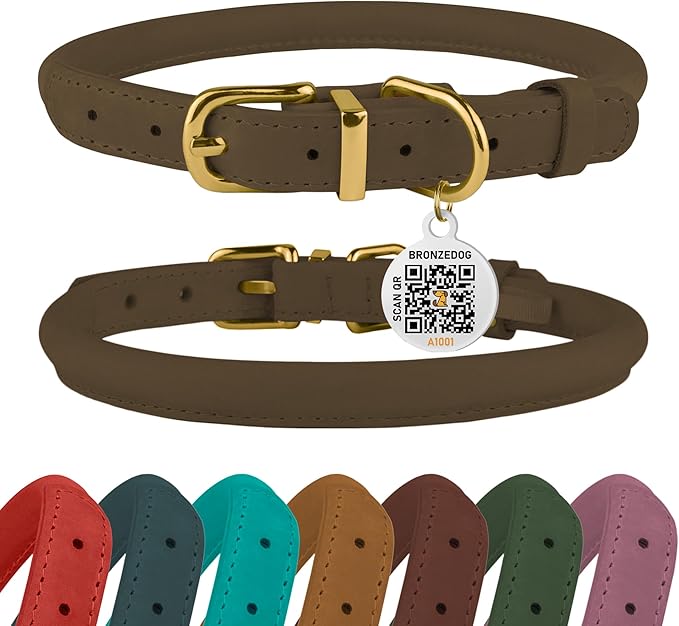 BRONZEDOG Rolled Leather Dog Collar with QR ID Tag Adjustable Soft Round Collars for Small Medium Large Dogs Puppy Cat (14" - 17" Neck Size, Nut Brown)