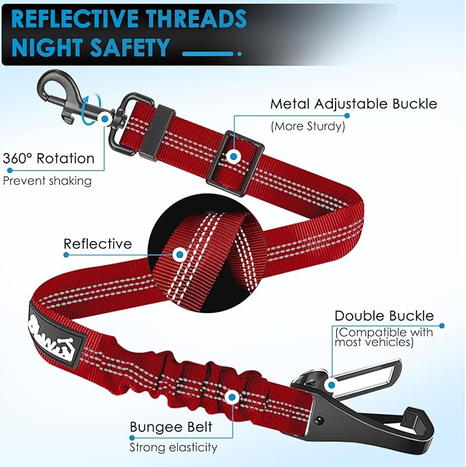 Lukovee Dog Seatbelt Leash for Cars, 2 Pack Pet Safety Car Seat Belt with Adjustable Buckle & Reflective Bungee, Connect Dog Harness in Vehicle Car Dogs Restraint Travel Daily Use (Red)