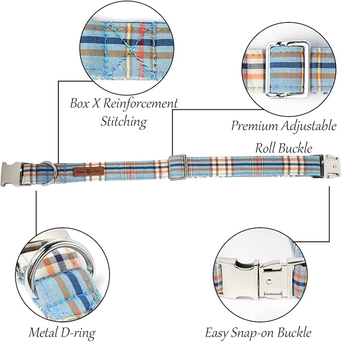 Lionet Paws Boy Dog Collar, Comfortable Adjustable Cute Blue Plaid Collar with Metal Buckle for Male Dogs Gift, Medium, Neck 13.5-22 inches