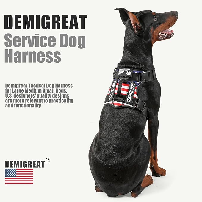Demigreat Service Dog Harness, Reflective Dog Vest Harness with 5 PCS Patches, Adjustable Soft Oxford Pet Harness, Inner Layer Mesh, Easy to Control for Dogs (USFLAG, Medium (Pack of 1))