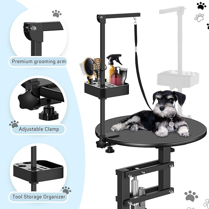 PullaFun 24" Electric Dog Grooming Table, Adjustable Overhead Arm Dog Grooming Table, Rotating Desktop Pet Grooming Table, Suitable for Household Dogs, Non-Slip Table, Black