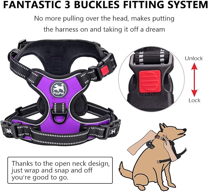 PoyPet No Pull Dog Harness, No Choke Front Lead Dog Reflective Harness, Adjustable Soft Padded Pet Vest with Easy Control Handle for Small to Large Dogs(Purple,XS)