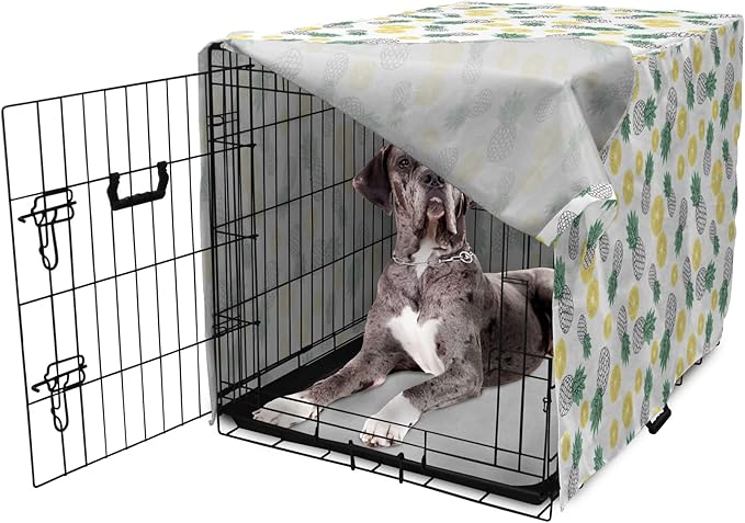 Lunarable Pineapple Dog Crate Cover, Doodle Style Whole and Sliced Pieces, Easy to Use Pet Kennel Cover for Medium Large Dogs, 48 Inch, White Yellow Jade Green