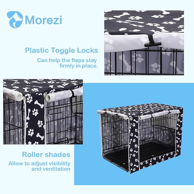 Morezi Dog Crate Cover for Wire Crates,Cage, Heavy Nylon Durable Waterproof Windproof Pet Kennel Cover Indoor Outdoor Protection - Cover only - Black Paw Bone - Large