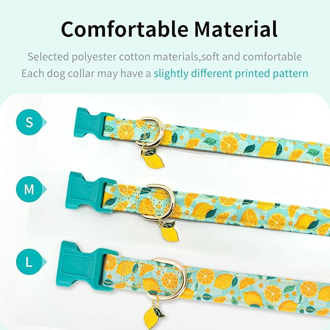 Fashionable Dog Collar with Bow Tie for Small Medium Large Dogs,Cute and Soft Puppy Collar for Male Female Dogs, Durable Cotton Dog Collar with Adjustable Buckle Lemon Pattern (Medium, Yellow Lemon)