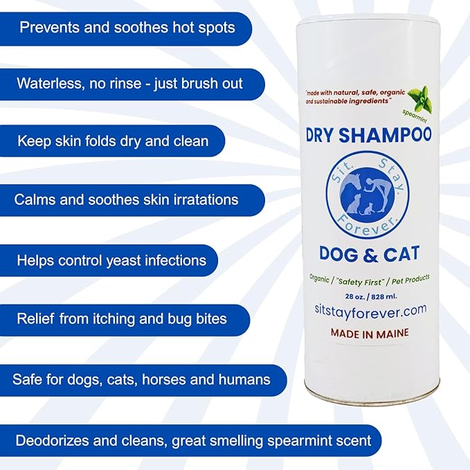 Sit. Stay. Forever. Natural, Dry Powder Shampoo for Dogs & Cats, Organic, Non-Toxic, Hypoallergenic Dog Deodorizer Powder, Anti-Itch & Odor Control, Easy No-Rinse Formula, Safe for Sensitive Skin