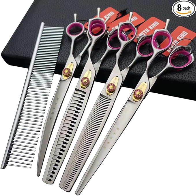 Professional Dog Grooming Shears Set Dogs Straight & thinning & Curved scissors & chunkers Scissorswith comb in 1 Set for Right-handed & Left-handed (8.0 Silvery right-handed)