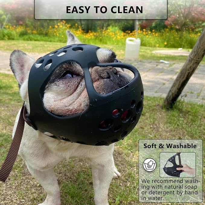 BARKLESS Dog Muzzle for Short Snout Dogs, Soft Silicone Muzzle for Biting, Chewing, Licking for French Bulldog Shih Tzu, Ideal for Flat-Faced Aggressive Dogs Grooming Walking, Allows Drinking