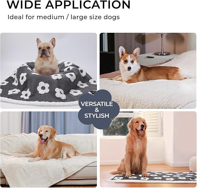 Luciphia Waterproof Dog Cat Blanket Fluffy Thick Fleece Pet Blanket,Washable Double Sided Sherpa Calming Blankets Flower Print Blankets for Medium Large Dogs Cats(Dark Grey,67x57 inches)
