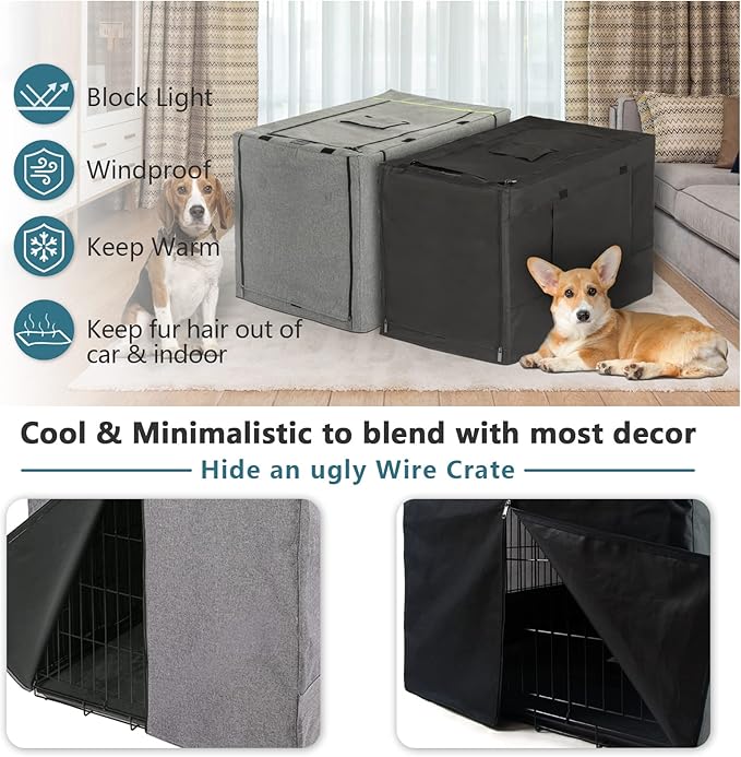 PETSFIT Crate Cover for Wire Dog Crate(30in/36inch/42inch), Single Door/Double Doors, Mesh Window, Flap On The Top and Back is Detachable, Dog Kennel Cover Black 30inch