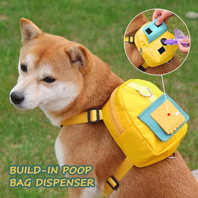 Dog Backpack Harness with Leash,Cute Pet Puppy Backpacks Bulid-in Dog Poop Bag Dispenser,Adjustable Pets Self Carrier Bag for Small Medium Dogs Travel Hiking Daily Walking(M, Yellow)