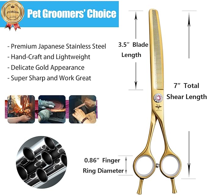 PURPLEBIRD 7 Inch Downward Curved Dog Grooming Scissors Thinning Texturizing Shears Professional Safety Blunt Tip Trimming Shearing for Dogs Cats Face Paws Limbs Japanese Stainless Steel Yellow