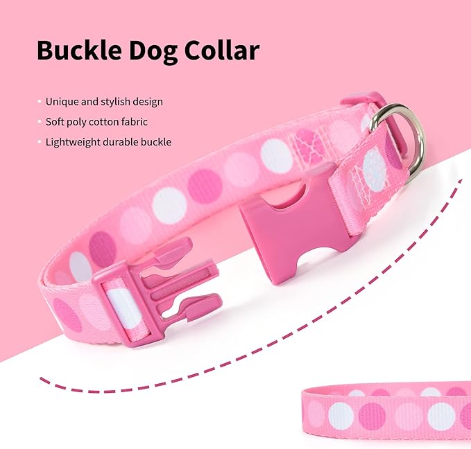 Mile High Life Dog Collar | Cute Puppy Collars | Lightweight Girl Dog Collar | Soft Boy Dog Collars | w Geometric Plaid Wave Line Pattern (Pink Big Dots, Small)