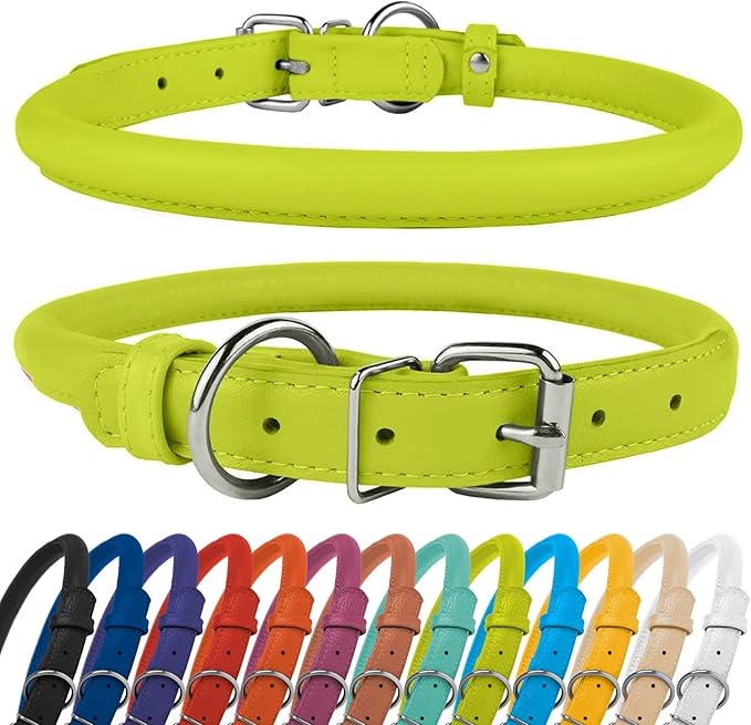 CollarDirect Rolled Leather Dog Collar, Soft Padded Round Puppy Collar, Handmade Genuine Leather Collar Dog Small Large Cat Collars 13 Colors (6-7 Inch, Lime Green Textured)