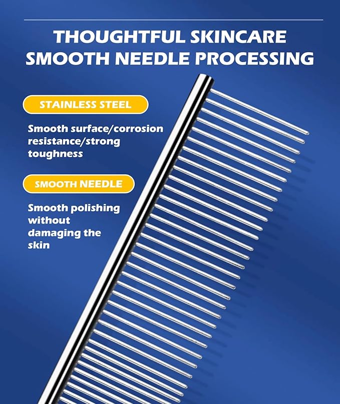 Dematting Combs with Rounded Ends - Stainless Steel Teeth for Removing Tangles and Knots - Professional Grooming Tool for Long and Short Haired Dogs, Cats and Other Pets - 7.28IN