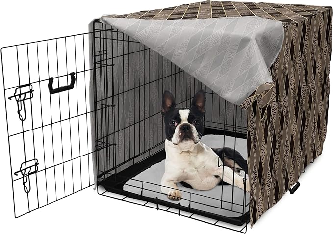 Lunarable Contemporary Brown Dog Crate Cover, Rhomb Check Pattern with Animal Skins, Easy to Use Pet Kennel Cover for Small Dogs Puppies Kittens, 22 Inch, Umber Dark Brown
