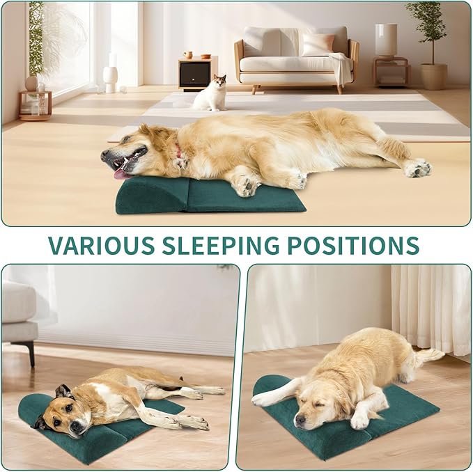 Dog Cat Bolster Pillow with High Resilience Foam, Headrest for Large Dogs, Benefit for Cervical Vertebra and Neck, Easy to Carry, Machine Washable Cover＆Easy to Clean(Green)