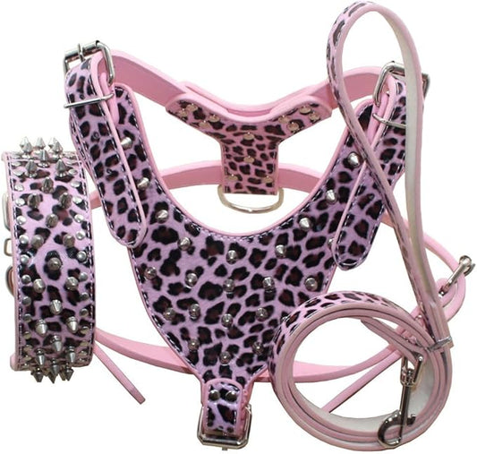 Leather Spiked Studded Harnesses, Collars & Leashes 3Pcs Matching Set for Medium & Large Dogs Pitbull,Mastiff, Boxer, Bull Terrier (Leopard, L)