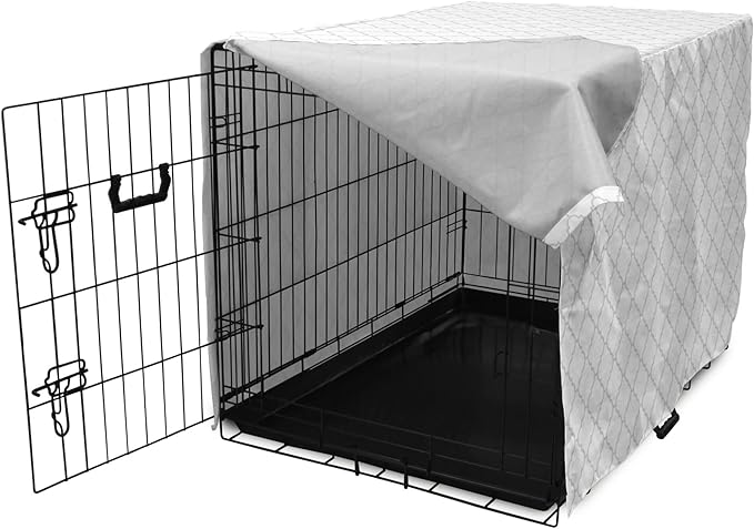 Lunarable Grey Dog Crate Cover, Moroccan Traditional Trellis Pattern Simple Geometric Monochrome Tile, Easy to Use Pet Kennel Cover for Medium Large Dogs, 42 Inch, White Grey
