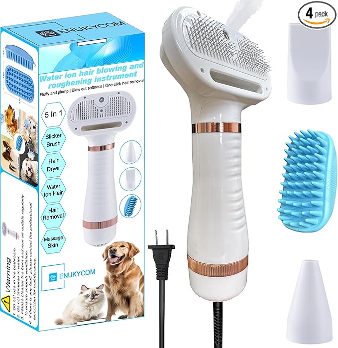 300W Quiet Pet Blow Dryer - Pet Hair Dryer for Small & Medium Dogs and Cats with Removal Comb & Silicone Bath Massage Brush for Home Grooming -Mist/Spray/Steam Brush for Cat & Dog