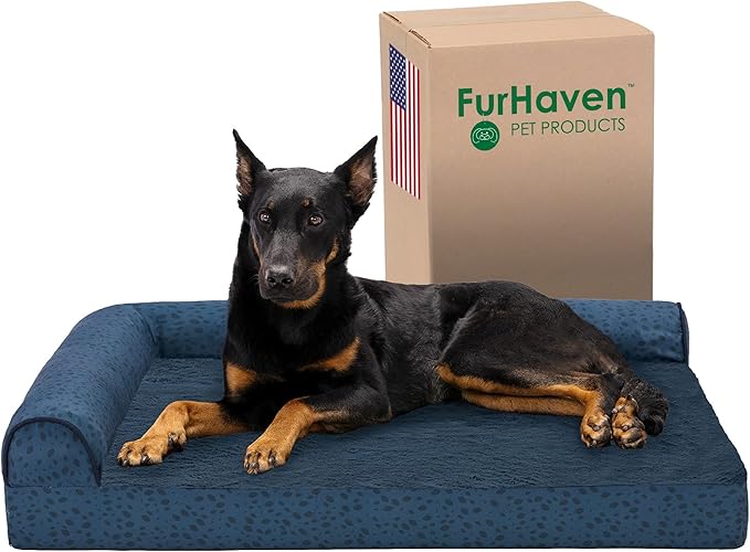 Furhaven Orthopedic Dog Bed for Large Dogs w/ Removable Bolsters & Washable Cover, For Dogs Up to 95 lbs - Plush & Almond Print L Shaped Chaise - Blue Almonds, Jumbo/XL