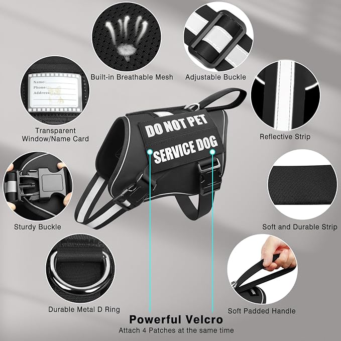 Service Dog Vest Harness+ID Tag+10 Patches,Metal Serivce Dog Tag&Reflective Emotional Support Dog Vest with Handle for Small Dogs,Easy Put On/Off for Training/Walking/Everyday Black XS