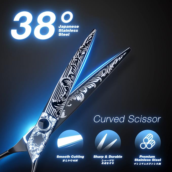 JASON 8 Inch Curved Dog Scissors BlackProfessional Curved Shear with Ergonomic Handle Japanese 440C Stainless Steel Pet Scissor for Dogs, Cats and Other Animals