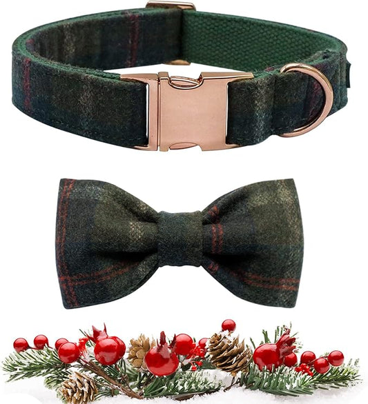 MACA Bates Dog Green Woolen Collar with Nylon- Warm and Soft Bows Dog Collar for Large Medium Small Dogs, Adjustable Dog Collar with Metal Buckle for Boy and Girl in Winter, XS Puppy Collar