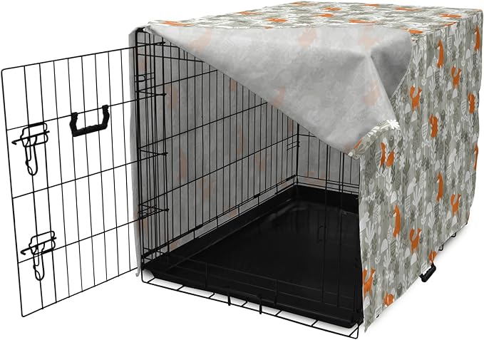 Lunarable Autumn Fall Dog Crate Cover, Fox Animal Sleeping in The Forest Plants Woodland Wildlife Theme, Easy to Use Pet Kennel Cover for Cats & Medium Dogs, 24 Inch, Orange Grey White