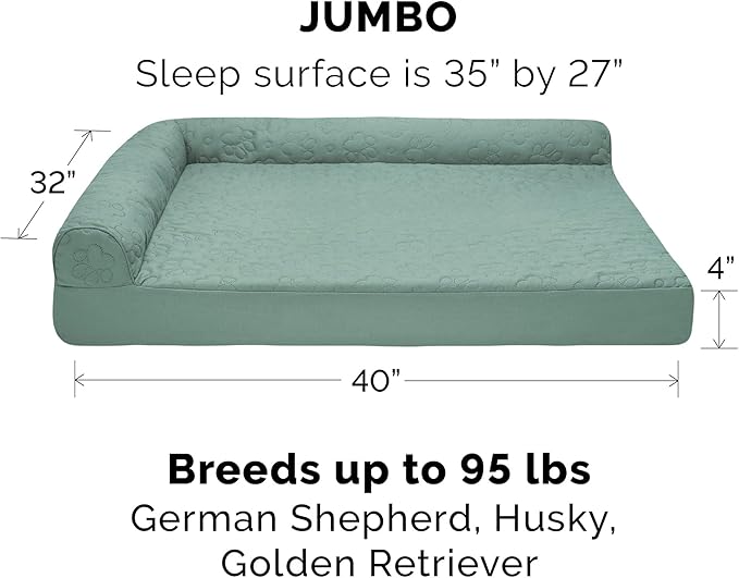 Furhaven Orthopedic Dog Bed for Large Dogs w/ Removable Bolsters & Washable Cover, For Dogs Up to 95 lbs - Pinsonic Quilted Paw L Shaped Chaise - Iceberg Green, Jumbo/XL
