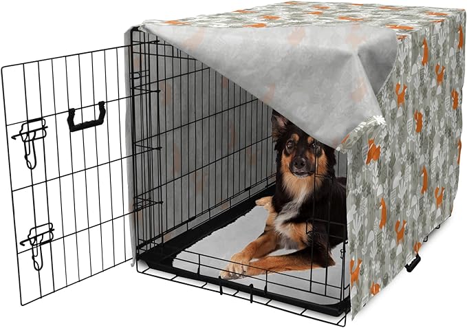 Lunarable Autumn Fall Dog Crate Cover, Fox Animal Sleeping in The Forest Plants Woodland Wildlife Theme, Easy to Use Pet Kennel Cover for Medium Large Dogs, 36 Inch, Orange Grey White