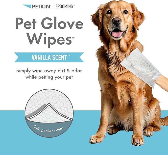 Petkin Pet Glove Wipes for Dogs and Cats, 30 Wipes - Double-Sided Cleaning Wipes - Gently Cleans Ears, Face, Butt, Body and Eye Area - Convenient, Ideal for Home or Travel - Vanilla Scented