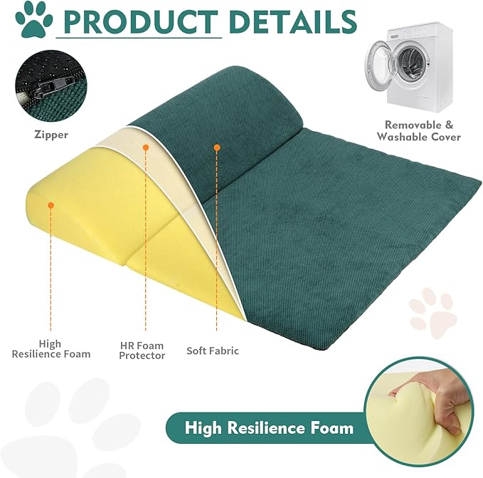 Dog Cat Bolster Pillow with High Resilience Foam, Headrest for Large Dogs, Benefit for Cervical Vertebra and Neck, Easy to Carry, Machine Washable Cover＆Easy to Clean(Green)