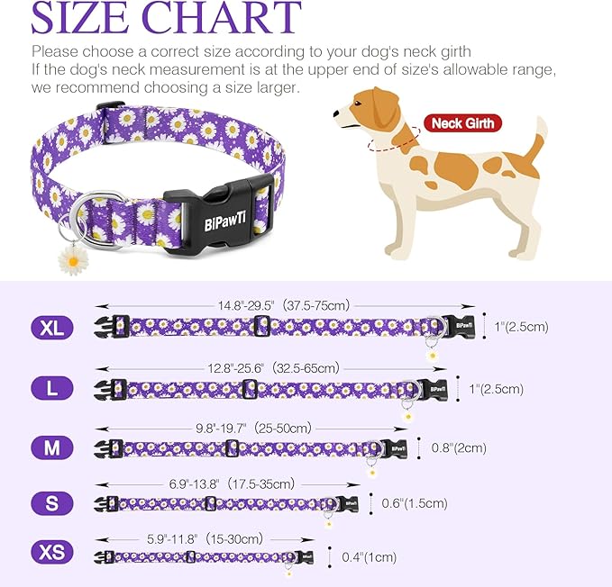 BiPawTi Floral Dog Collars for Large Dog - Soft Cute Dog Collars for Girls Dog Pretty Flower Collar with Daisies Charms, Gift for Female Male Boys Girls Dogs (XL, Purple)